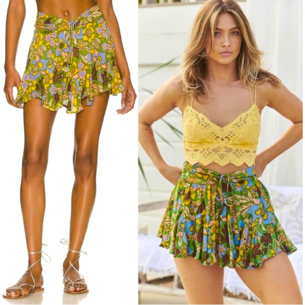 NWT Free People Ellie Green Floral Print Mini Skort Smocked Size L